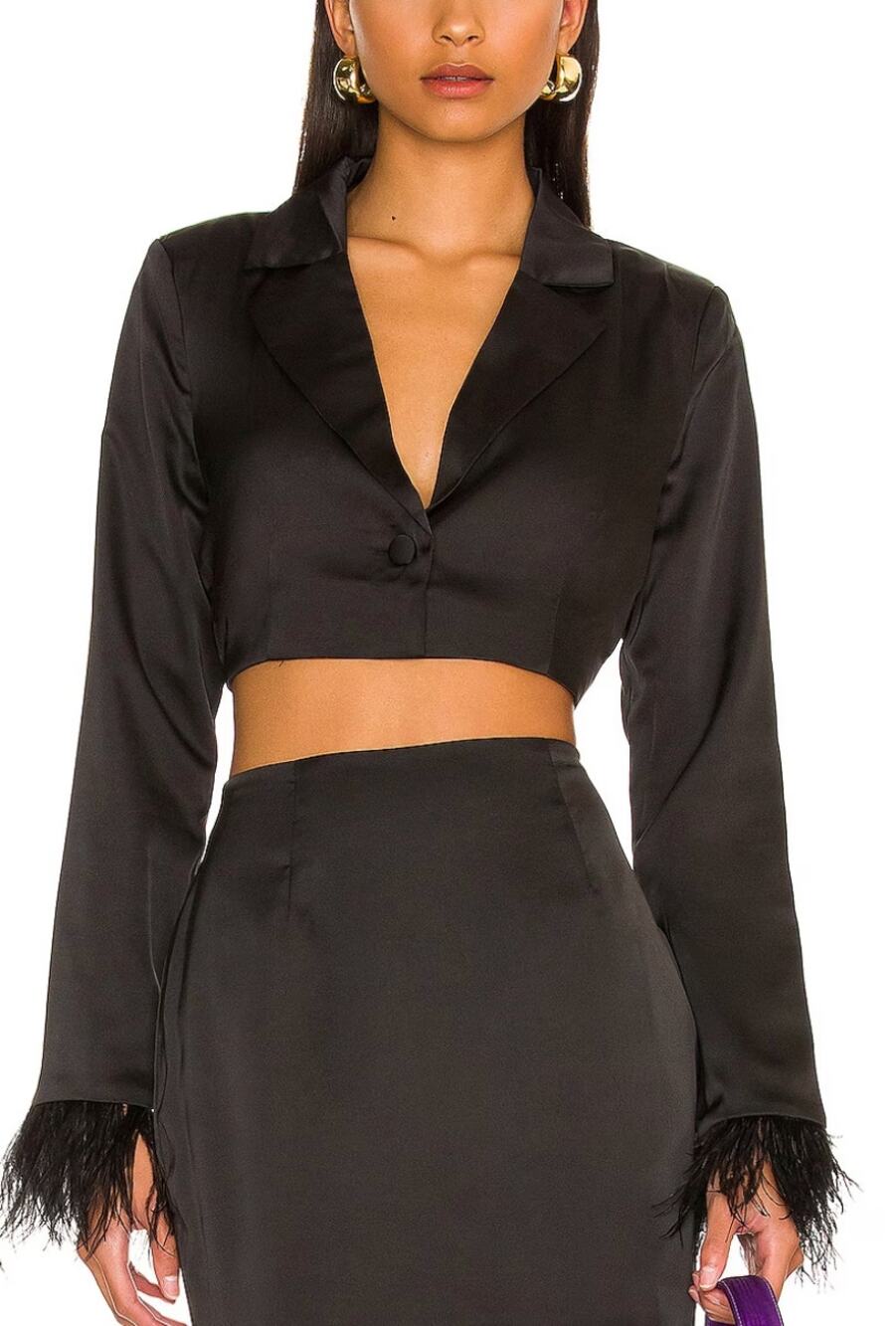 Revolve Black Crop Top MEDIUM Bolero Cocktail Satin Feathers More to Come NEW